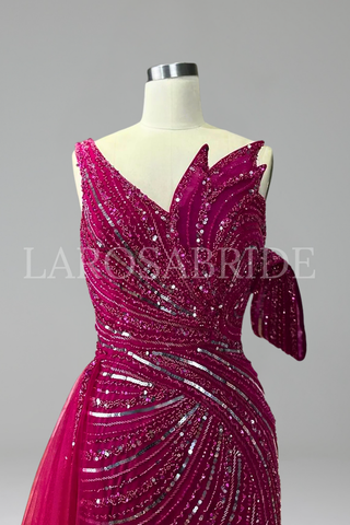 One Shoulder Beaded Mermaid Dress - LAROSABRIDE
