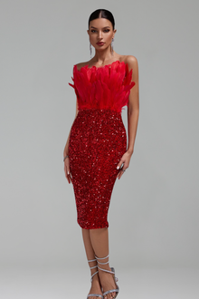 Feather-Trim Sequin Midi Dress-Larosabride