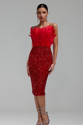 Feather-Trim Sequin Midi Dress-Larosabride