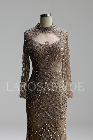 Caramel Beaded Mermaid Gown with High Neck