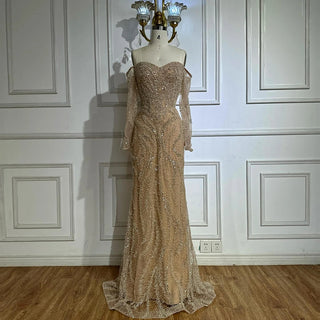 Ships in 2 to 5 Days - Luxury Beaded Off-Shoulder Evening Gown – Long Sleeve Dress with Sparkling Sequins