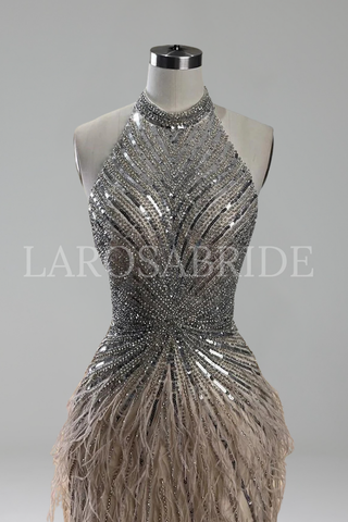 Feather Beaded Halter Mermaid Dress