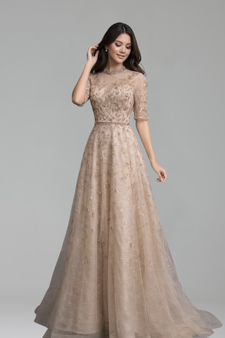 Half-Sleeve Beaded Sparkle A-Line Dress-Larosabride