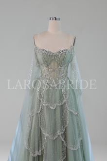 Off Shoulder Beaded Cape Dress - LAROSABRIDE