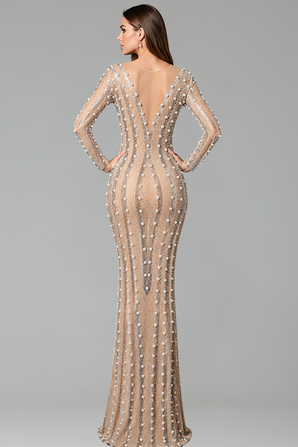 Pearl Embellished Illusion Evening Gown - LAROSABRIDE