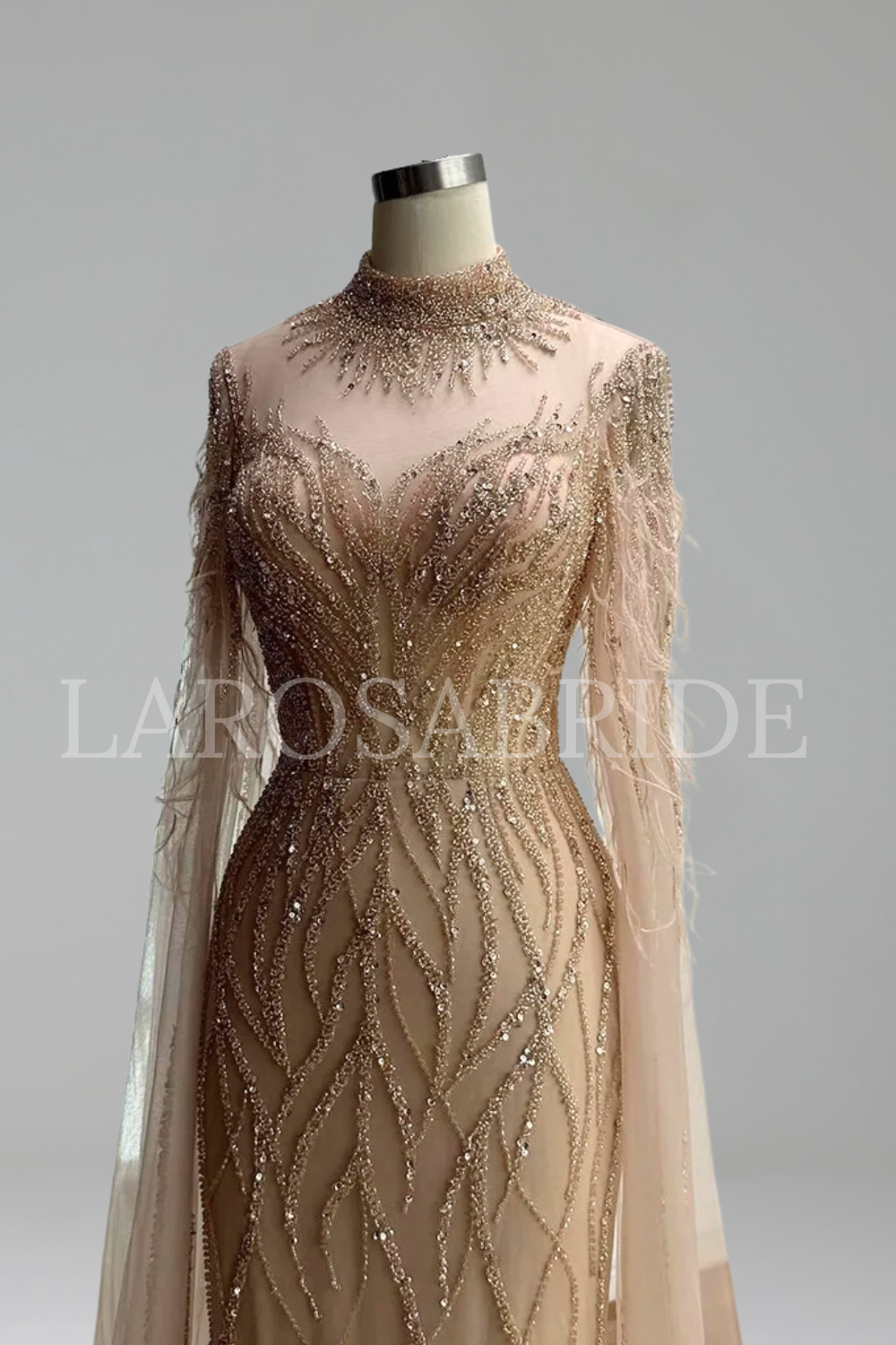 Beaded Feather Cape Sleeve Dress - LAROSABRIDE
