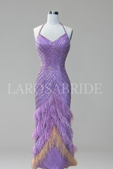 Halter Feather Beaded Mermaid Dress - LAROSABRIDE