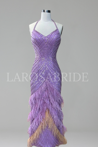 Halter Feather Beaded Mermaid Dress - LAROSABRIDE