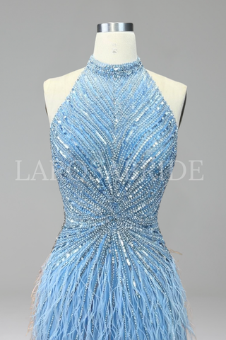 Feather Beaded Halter Mermaid Dress