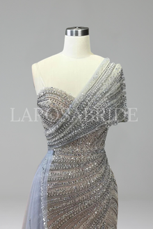 One Shoulder Beaded Split Dress - LAROSABRIDE