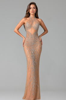 Sheer Crystal Embellished Cutout Gown - LAROSABRIDE