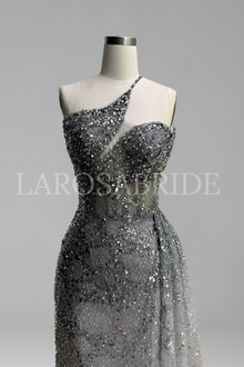 Gray Crystal Beaded One Shoulder Dress - LAROSABRIDE