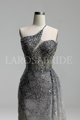 Gray Crystal Beaded One Shoulder Dress - LAROSABRIDE