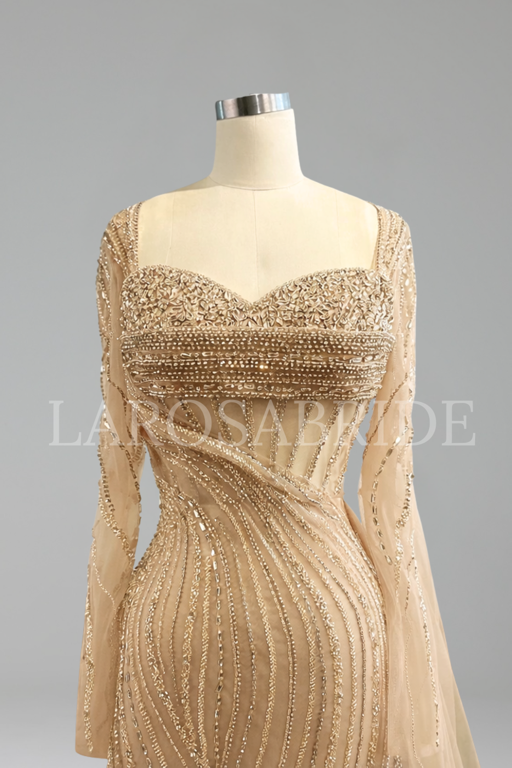 Sheer Beaded Fitted Gown - LAROSABRIDE