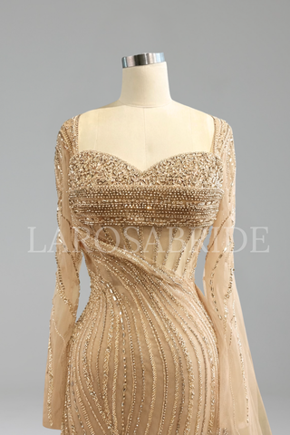 Sheer Beaded Fitted Gown - LAROSABRIDE