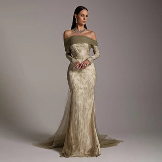 Ships in 2 to 5 Days - Elegant Olive Green Off-Shoulder Evening Gown with Lace Sleeves – Formal Dress