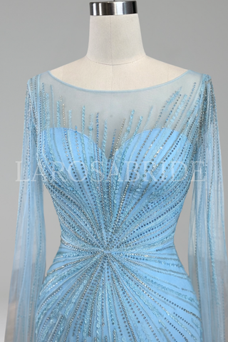 Feather Cape Sleeve Evening Dress