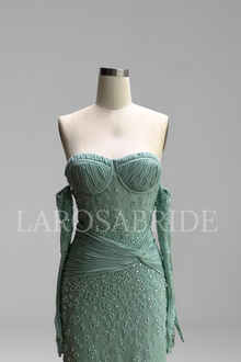 Strapless Ruched-Sleeve Embellished Gown - LAROSABRIDE