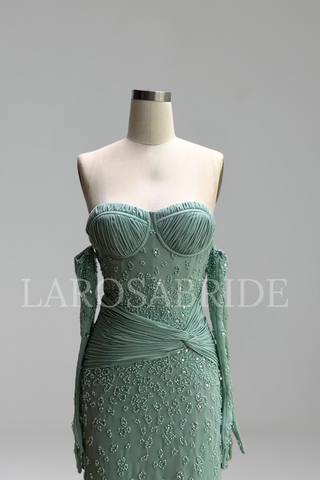 Strapless Ruched-Sleeve Embellished Gown - LAROSABRIDE