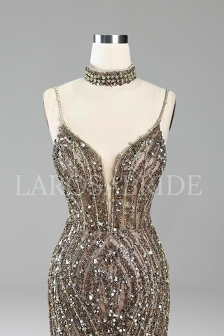 Spaghetti Beaded Split Mermaid Dress - LAROSABRIDE