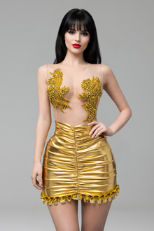 Sheer Embellished Ruched Mini Dress - LAROSABRIDE