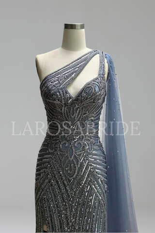 Beaded One Shoulder Mermaid Dress - LAROSABRIDE