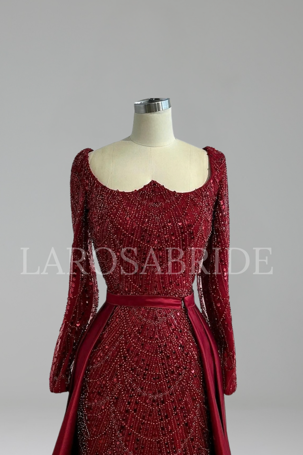 Wine Red Beaded Mermaid Gown with Overskirt - LAROSABRIDE