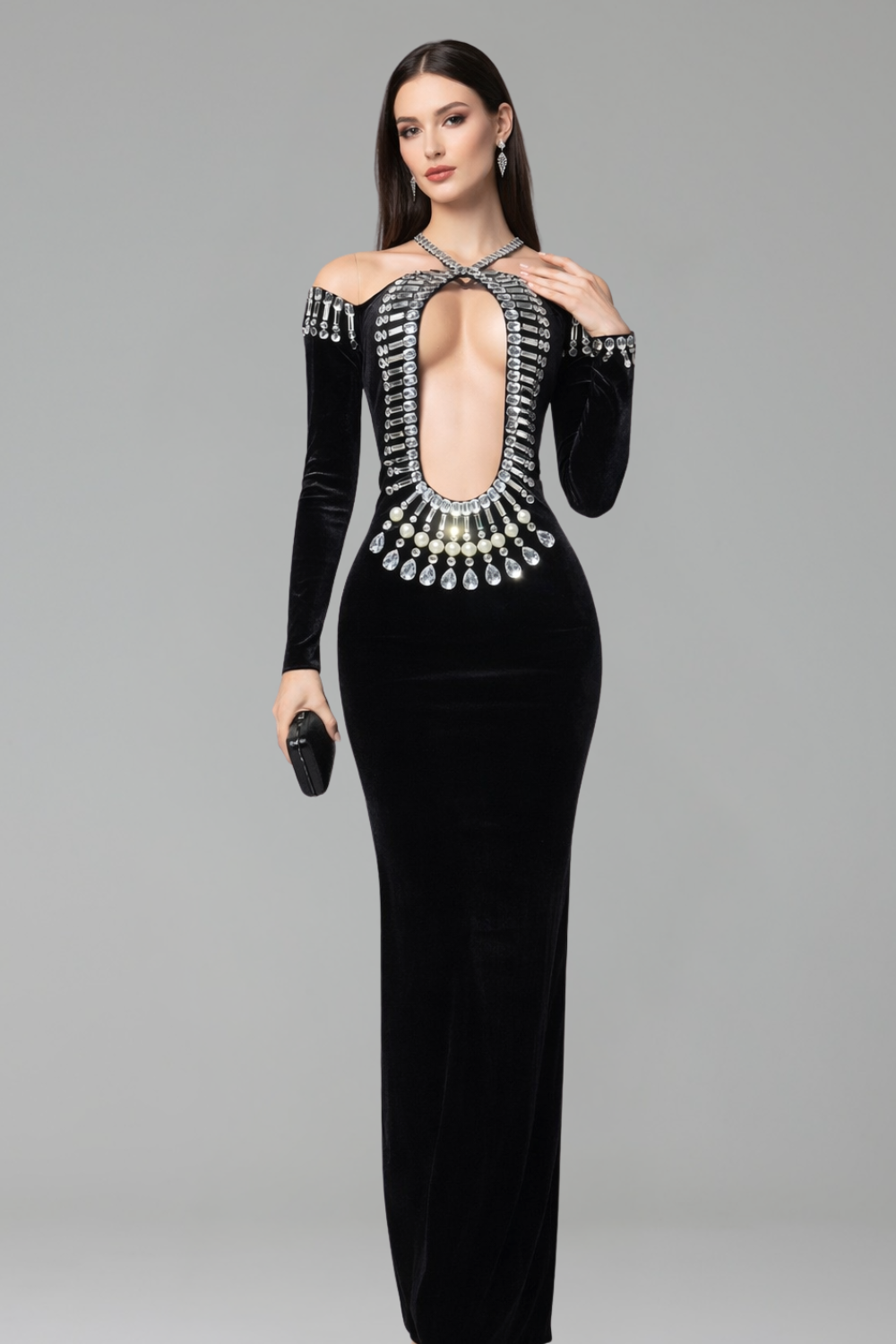 Crystal Cutout Velvet Gown - LAROSABRIDE