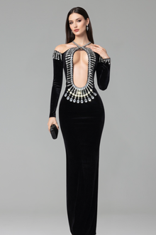 Crystal Cutout Velvet Gown - LAROSABRIDE