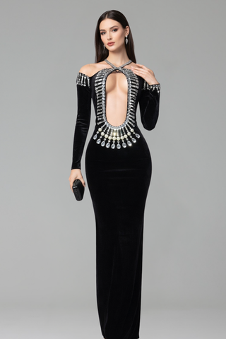 Crystal Cutout Velvet Gown - LAROSABRIDE