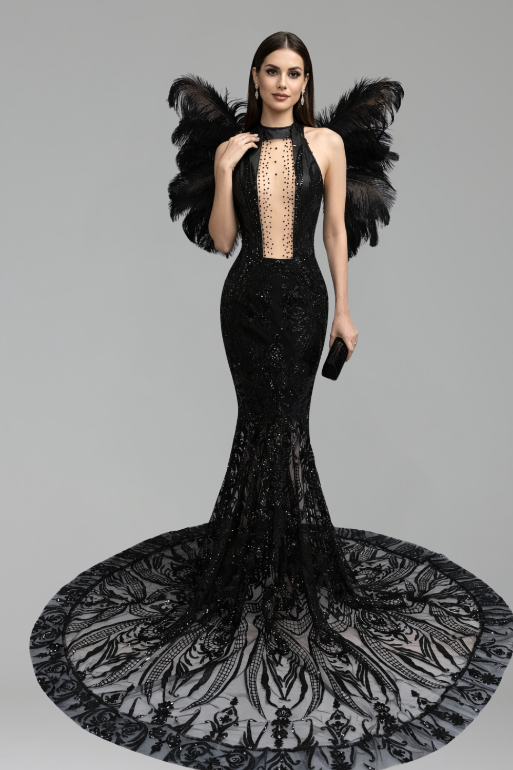 Feathered Illusion Mermaid Gown - LAROSABRIDE
