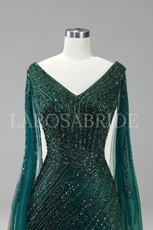 Beaded Feather Mermaid Cape Gown - LAROSABRIDE