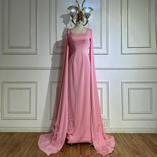 Luxury Arabic Pink Mermaid Evening Dress – Elegant Gown with Feather Cape