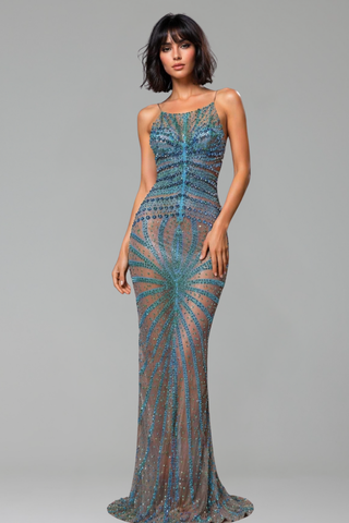 Sheer Embellished Column Evening Gown - LAROSABRIDE