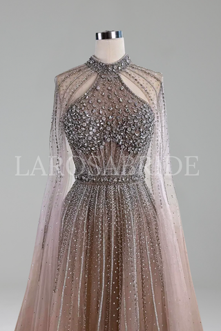 Crystal Beaded A-Line Cape Dress - LAROSABRIDE