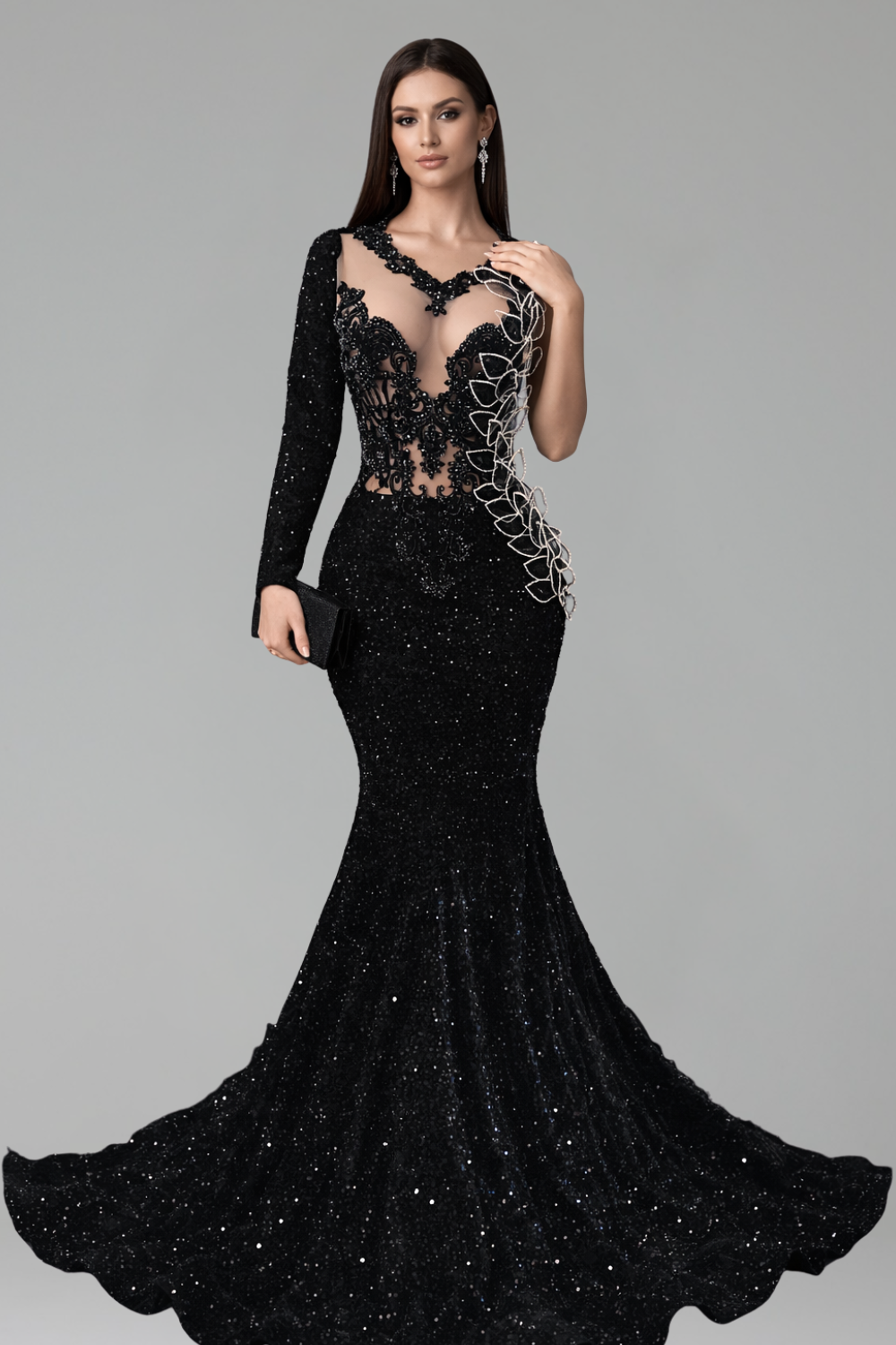 Beaded One-Shoulder Feather Detail Dress - LAROSABRIDE