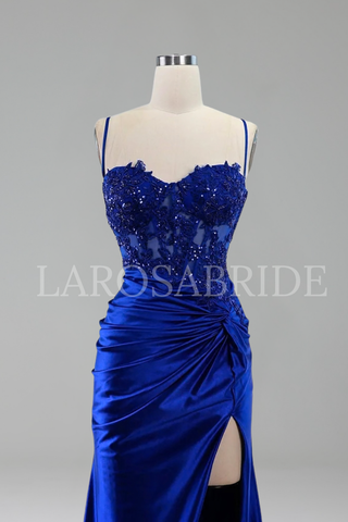 Beaded Satin Slit Evening Dress - LAROSABRIDE