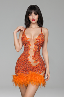 Crystal Embellished Feather Trim Mini Dress - LAROSABRIDE