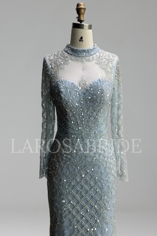 Caramel Beaded Mermaid Gown with High Neck