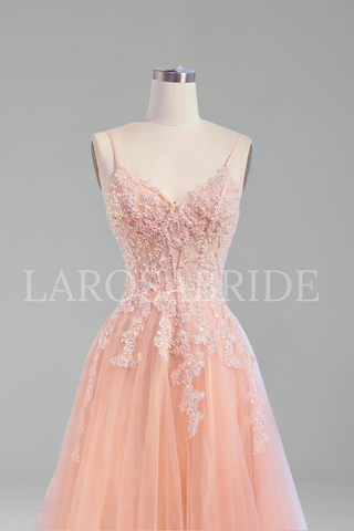 Straps Beaded A Line Prom Dresses - LAROSABRIDE