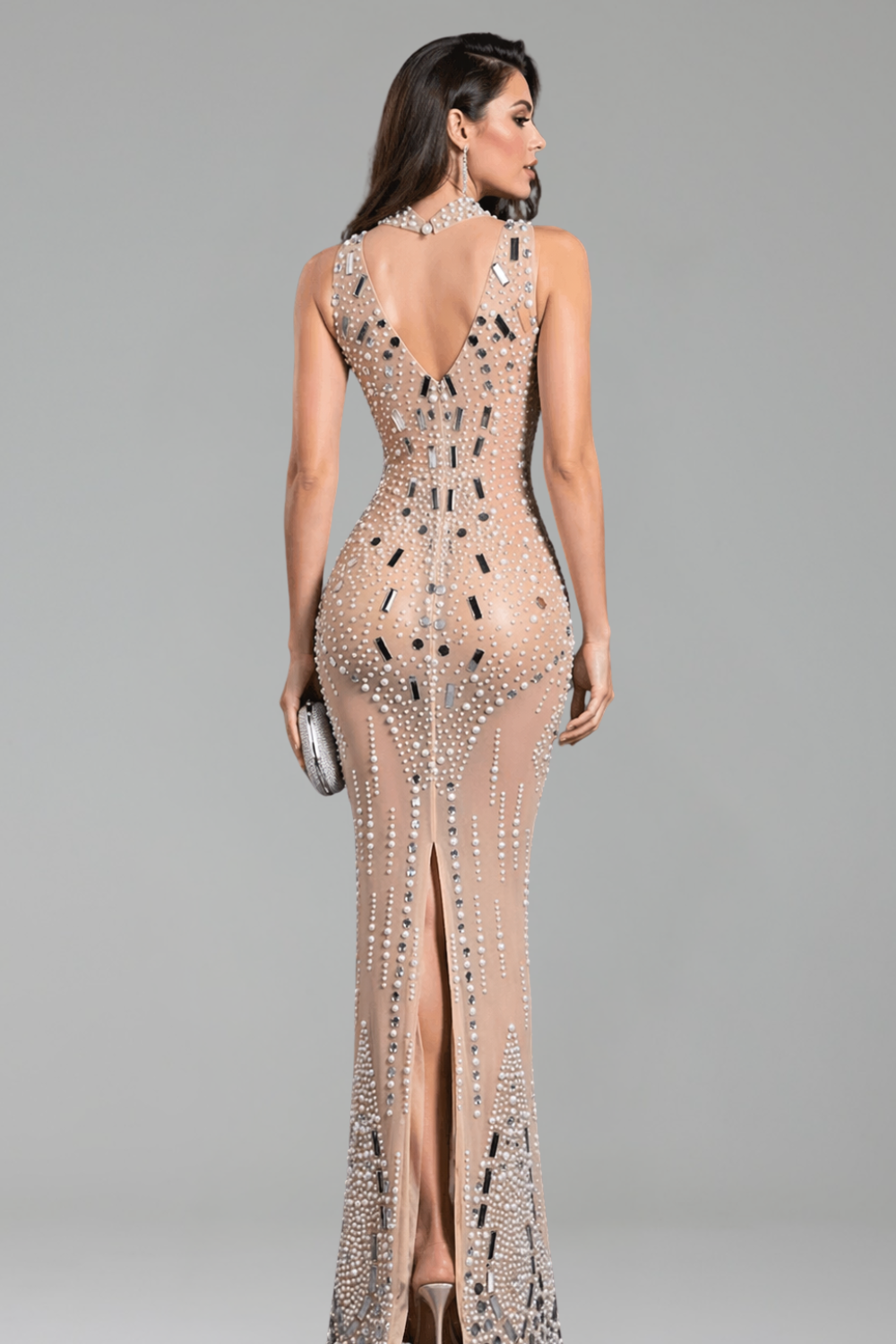 Crystal Embellished Sheer Halter Gown - LAROSABRIDE