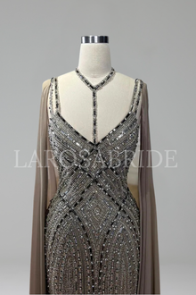 Cape-Sleeve Beaded Mermaid Dress - LAROSABRIDE