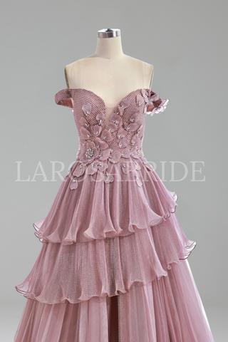 Pink Dreamy Ruffles Beaded A-Line Gown - LAROSABRIDE