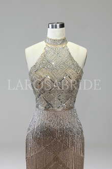 Halter Rhinestone Tassel Mermaid Gown - LAROSABRIDE