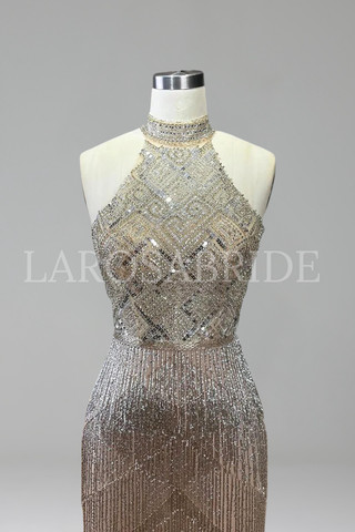 Halter Rhinestone Tassel Mermaid Gown - LAROSABRIDE