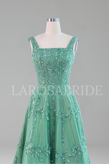 Beaded A-Line Square Neck Dress - LAROSABRIDE