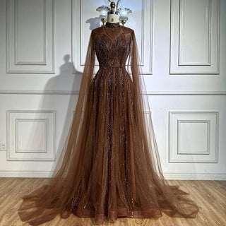 Ships in 2 to 5 Days - Luxury Brown Beaded Saudi Arabic Evening Gown with Cape – Elegant Formal Design
