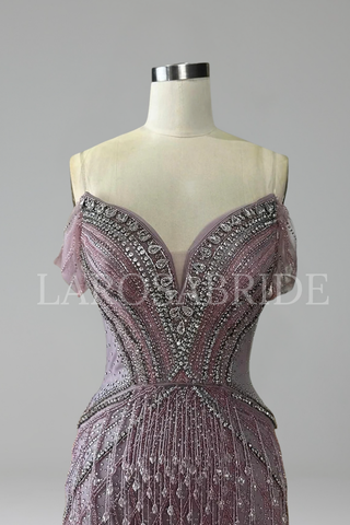 Off-Shoulder Beaded Tulle Mermaid Gown - LAROSABRIDE