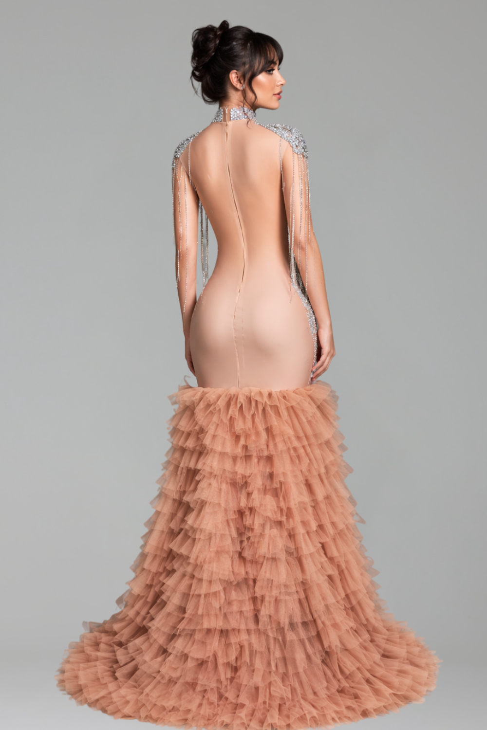 Crystal Embellished Bodice Ruffled Tulle Gown - LAROSABRIDE
