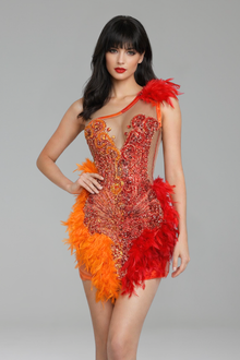 Asymmetric Feather Embellished Mini Dress - LAROSABRIDE